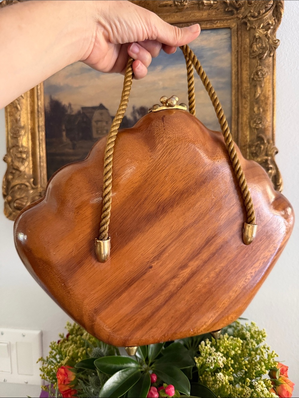 Timmy Woods Brown Wooden Shell-Shaped Clutch with Gold Rope Handles